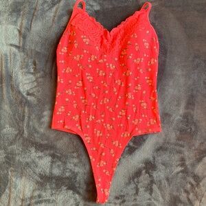 Victoria's Secret PINK Floral Lace Trim Women's Bodysuit Size Large Coral.